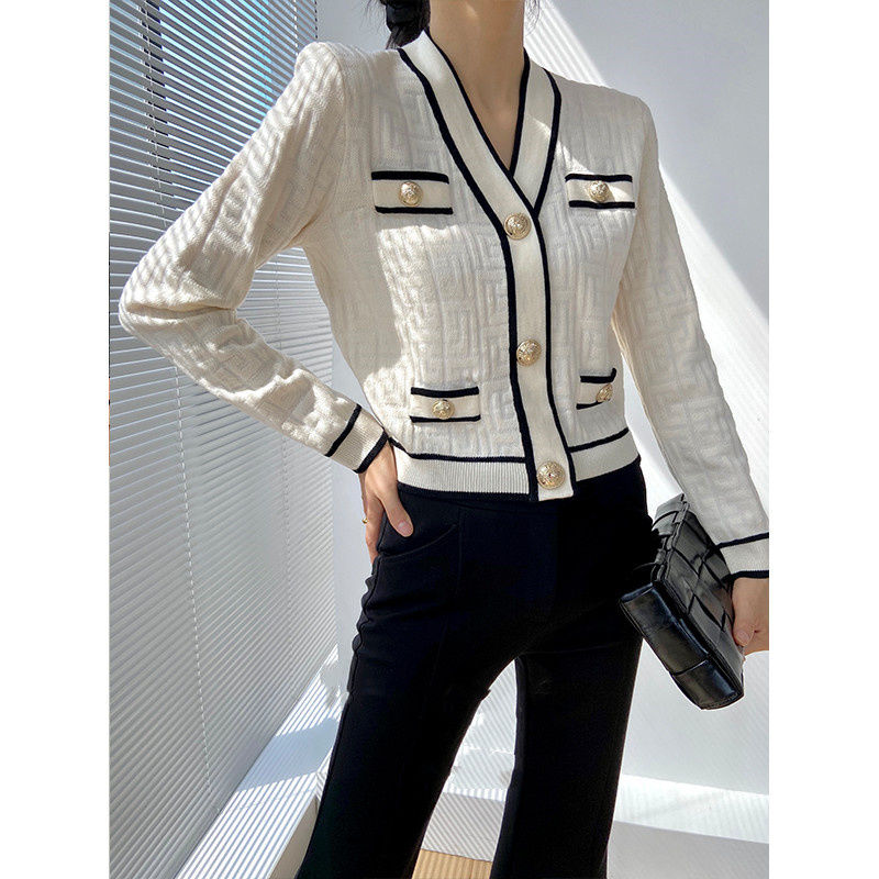 Crop Cardigan Vintage - ربيع الخريف جديد الخامس الرقبة طويلة