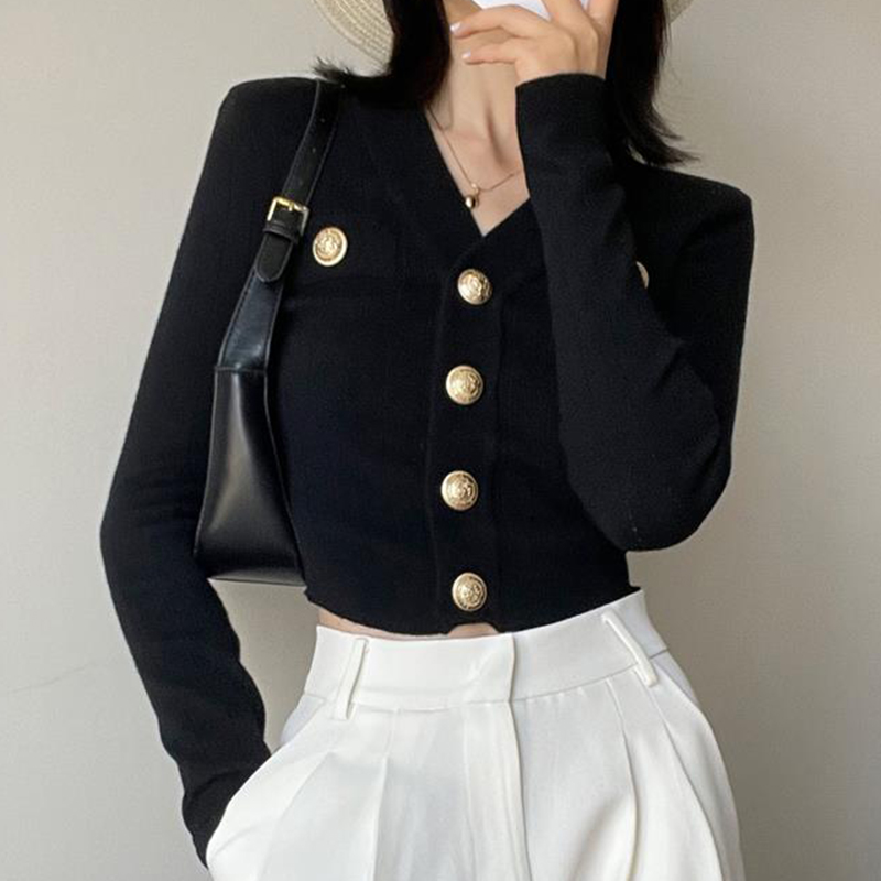 Crop Cardigan Vintage - الذهب زر الجبهة سترة متماسكة المرأة