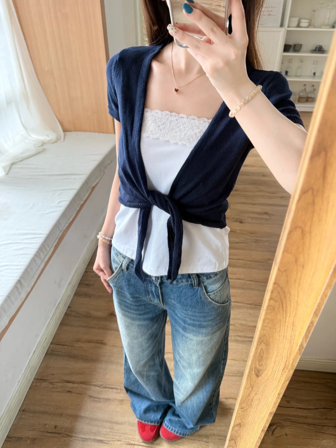 Crop Cardigan Vintage - كارديجان نسائي كحلي برباط، قطني، بقصة