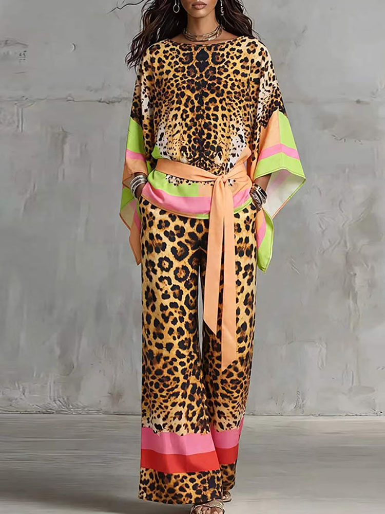 Vintage Fashion Retro Outfit - بدلة صيفية فضفاضة بطبعة الفهد الكلاسيكية،