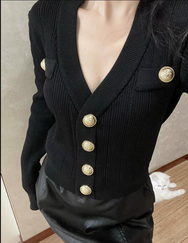 الذهب زر الجبهة سترة متماسكة ا - مراجعة Crop Cardigan Vintage وسعره