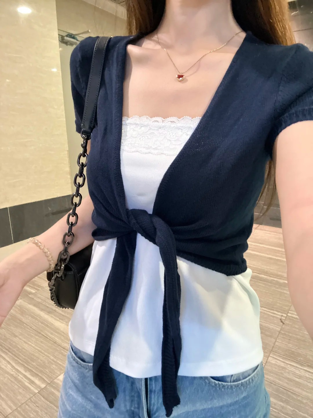 كارديجان نسائي كحلي برباط، قطن - مراجعة Crop Cardigan Vintage وسعره